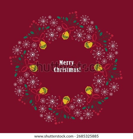 Christmas round frame with red bows and yellow Christmas tree decorations, winter greenery, and snowflakes. Round frame with winter holiday elements. Vector illustration on a red background