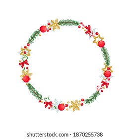 Christmas round frame with snowflakes, sweets, christmas balls, spruce twigs, red berries and holiday decorations. Xmas template copy space vector illustration.