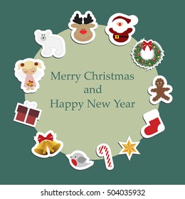 Christmas round frame with Christmas stickers around. Pattern to decorate greetings cards or decorative album or scrapbook. Baby vector illustration