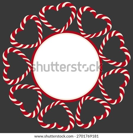 Christmas round frame surrounded by candy canes with red and white stripes. Blank vector template with copy space. Heart-shaped candy cane. Background for Christmas and New Year.