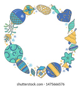 Christmas round frame template. Hand drawn color outline vector sketch illustration of New Year decorations and plants on white background