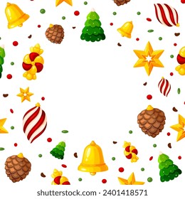Christmas round frame tree toy greeting card flat. Candy disco ball fir cone star drop twisted glove bell xmas tree green red gold festive winter decor background festive flyer template banner