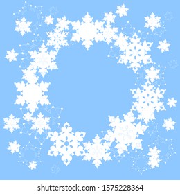 Christmas round frame with white snowflakes on blue background. Vector.