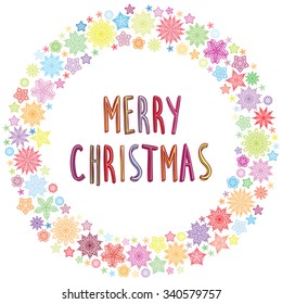 Christmas round frame or wreath of colorful snowflakes with the words MERRY CHRISTMAS