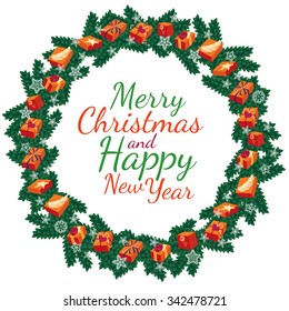 Christmas round frame or wreath of fir branches with snowflakes gift boxes and the words holiday wishes