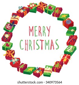 Christmas round frame or wreath of gift boxes with rich decor  vector with holiday wishes words MERRY CHRISTMAS