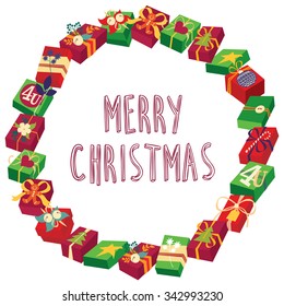Christmas round frame or wreath of gift boxes with rich decor  vector with holiday wishes words MERRY CHRISTMAS