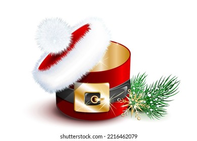 Christmas round gift box, like Santa Claus with Santa hat and belt isolated on white background
