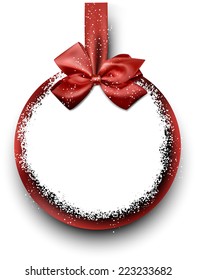 Christmas round gift card with red ribbon and satin bow. Vector illustration. 