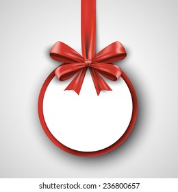 Christmas round gift card with red ribbon and satin bow. Vector illustration EPS10