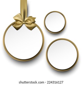 Christmas round gift cards with golden ribbons and satin bows. Vector illustration. 