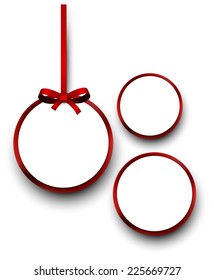 Christmas round gift cards with red ribbons and satin bows. Vector illustration. 
