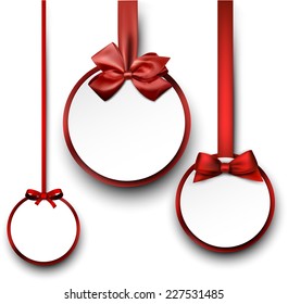 Christmas round gift cards with red ribbons and satin bows. Vector illustration.  