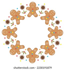 Christmas round ginger cookie frame, color vector illustration in cartoon style