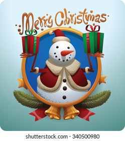 Christmas round gold label with stars bells and Christmas snowman in christmas hat holding two gift boxes, vector