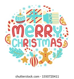 Christmas round greeting card template with Gingerbread man, branch, snowflake, sock, mistletoe, tree toy, candy cane and lettering on white background. Holiday invitation for winter. Hand written 