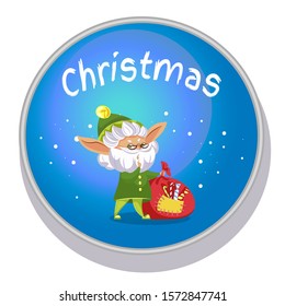 Christmas round icon with elf character and bagful with candies. Xmas postcard in blue color with helper holding bag with sweets. Winter holiday card with New year fairy hero and festive sack vector