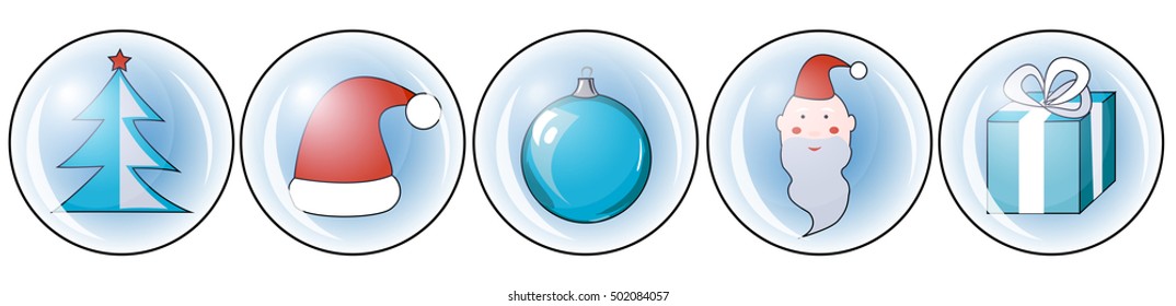 a christmas round icons set with Santa, a red hat, a christmas tree, an ornament and a present