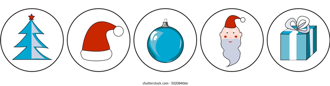 a christmas round icons set with Santa, a red hat, a christmas tree, an ornament and a present
