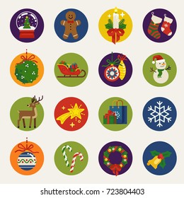 Christmas round icons, vector. Collection of quality flat design Xmas holidays items such as Santa's sleigh, gifts, gingerbread man, deer, holly tree leaves, snowman, wreath, garland, mistletoe, etc.