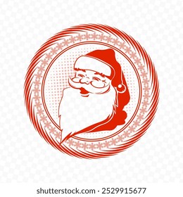 Christmas round isolated stamp, frame with snowflakes and Santa Claus silhouette.