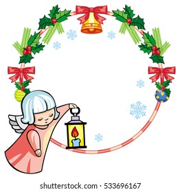 Christmas round label with cute angels. Copy space. Christmas holiday background. Vector clip art.