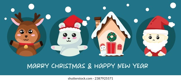 Christmas round logo, Marry christmas bandner Set of Christmas characters, christmas decor elements,  