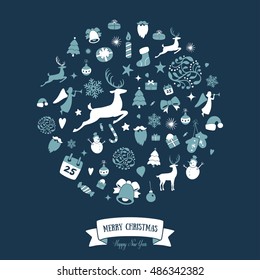 Christmas round ornaments design. Merry Christmas card decoration. Happy New Year design elements. Vintage ornament of black blue deer, bell, snowflake, ribbon, bow, tree, snowman. Vector icons set.