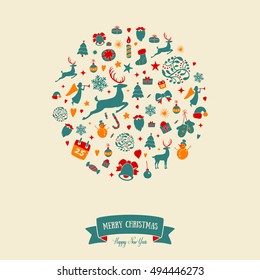 Christmas round ornaments design. Merry Christmas card decoration. Happy New Year design elements. Vintage ornament of red yellow deer, bell, snowflake, ribbon, bow, tree, snowman. Vector icons set.