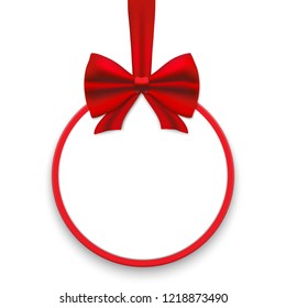 Christmas round paper cards with red ribbons and satin bows. Vector illustration. 