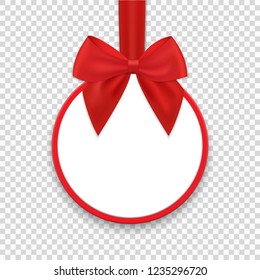 Christmas round paper gift banner with red ribbon and bow. Vector illustration.