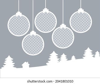 Christmas round Photo frames composition. horizontal template with 5 photos with Christmas balls, trees and a house. Mockup on  gray background. Holiday collage. Vector EPS10.