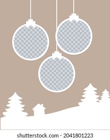 Christmas round Photo frames composition. vertical template with 3 photos with Christmas balls, trees and a house. Mockup on beige background. Vector Holiday collage. EPS10.