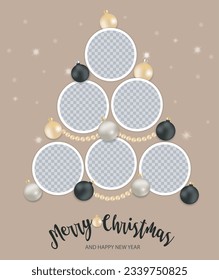 Christmas round Photo frames Mockup. Six Empty templates. Vertical composition with shiny balls and beads.  Vector 3d realistic. Holiday collage on beige background. EPS10.