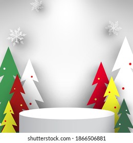 Christmas round podium with snowflakes and trees. Exhibition stand. Pedestal. Vector illustration.