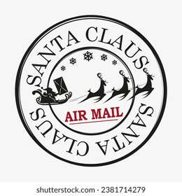 Christmas round print with silhouette of Santa Claus on reindeer, design element.