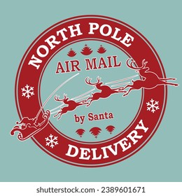 Christmas round red stamp isolated, Santa Claus mail, reindeer sleigh rides.