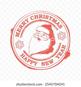 Christmas round red stamp with Santa Claus with text and snowflakes.