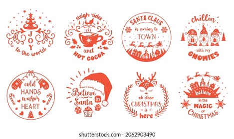 Christmas round signs with greeting quotes and words. Set of Christmas symbols and emblem designs. Winter holiday cards and badges.