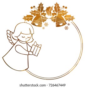 Christmas round sparkling frame with cute angels. Copy space. Christmas holiday background. Vector clip art.