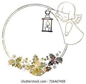 Christmas round sparkling frame with cute angels. Copy space. Christmas holiday background. Vector clip art.