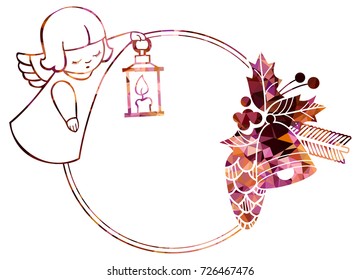Christmas round sparkling frame with cute angels. Copy space. Christmas holiday background. Vector clip art.