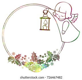 Christmas round sparkling frame with cute angels. Copy space. Christmas holiday background. Vector clip art.