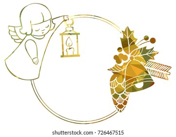 Christmas round sparkling frame with cute angels. Copy space. Christmas holiday background. Vector clip art.