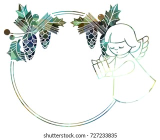Christmas round sparkling frame with cute angels. Copy space. Christmas holiday background. Vector clip art.