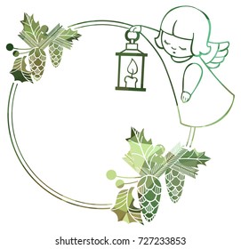 Christmas round sparkling frame with cute angels. Copy space. Christmas holiday background. Vector clip art.
