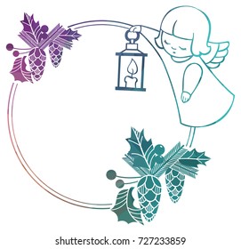 Christmas round sparkling frame with cute angels. Copy space. Christmas holiday background. Vector clip art.