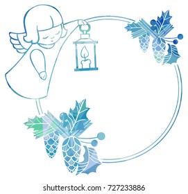 Christmas round sparkling frame with cute angels. Copy space. Christmas holiday background. Vector clip art.