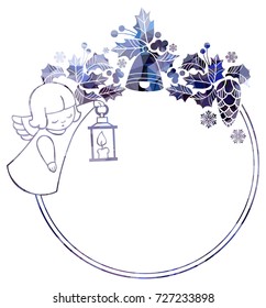 Christmas round sparkling frame with cute angels. Copy space. Christmas holiday background. Vector clip art.