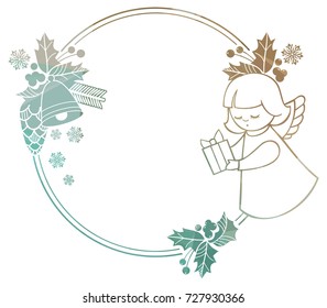Christmas round sparkling frame with cute angels. Copy space. Christmas holiday background. Vector clip art.